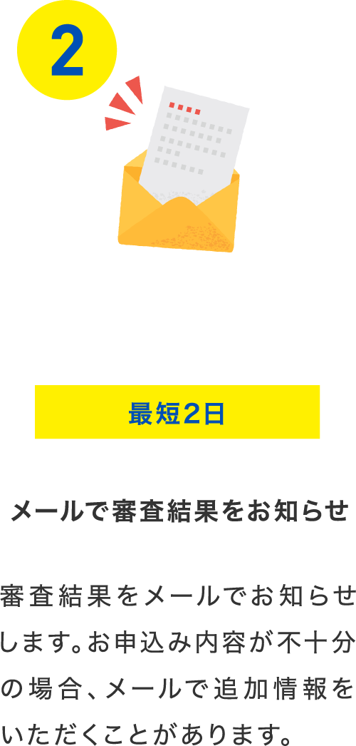 最短2日 メールで審査結果をお知らせ 審査結果をメールでお知らせします。お申込み内容が不十分の場合、メールで追加情報をいただくことがあります。